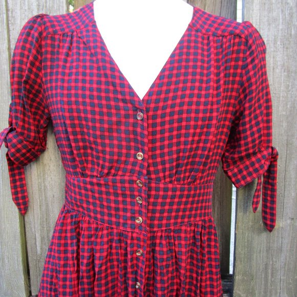 Entro Gingham Red/Blue Dress Checkered Ruffle Maxi Women's Size Small Buttons - Picture 3 of 8